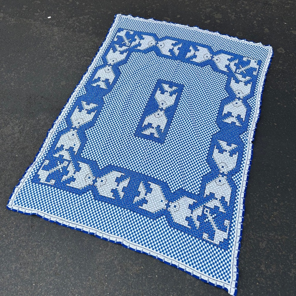 Vintage Blue Checkered Gingham Cross Stitch Fish Embroidery Table Cloth Linen